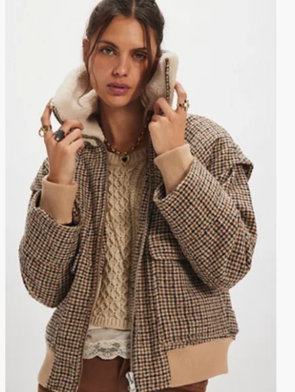 FREE PEOPLE We The Free Spearmint Cozy Plaid Sherpa Lined Bomber Jacket RARE